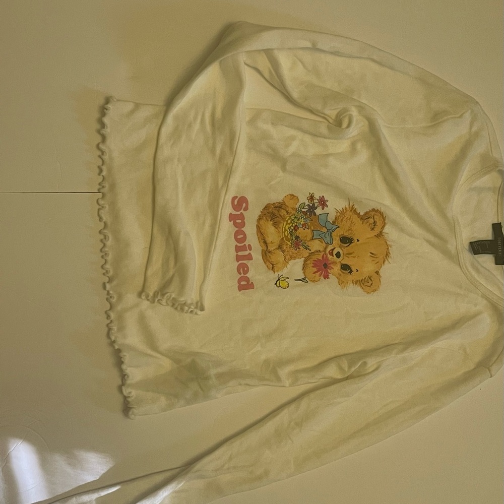 Graphic bear “spoiled” forever 21 long sleeve ruffle shirt